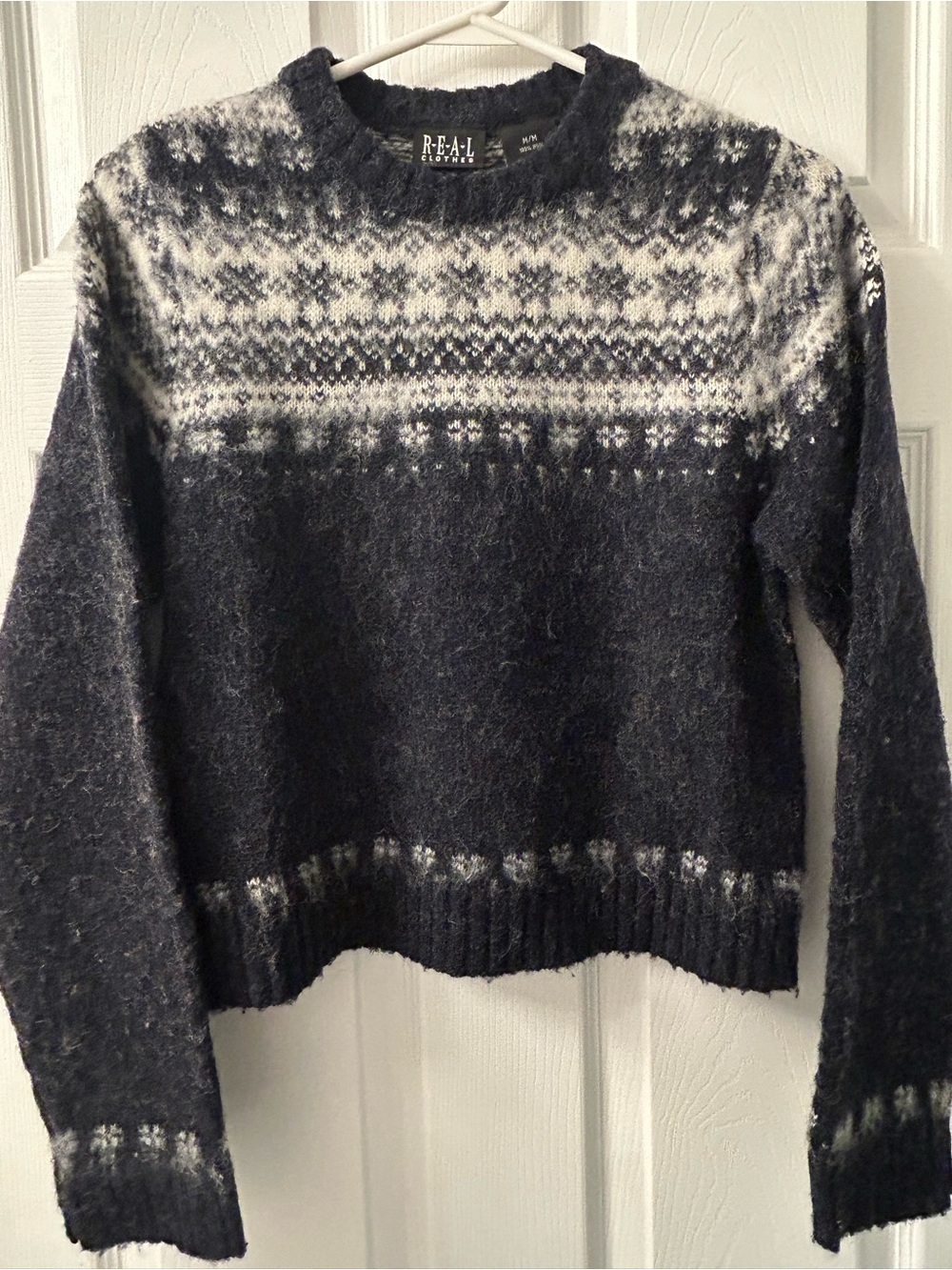 REAL Clothes 100% Wool Nordic Fair Isle Sweater Black White Cropped Pullover M